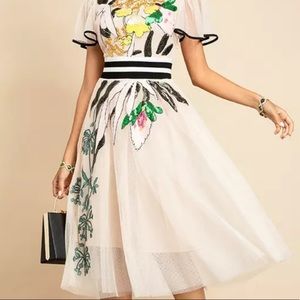 Women Summer Midi Dress Butterfly Sleeve Sequined Embroidery Ladies Slim Dress